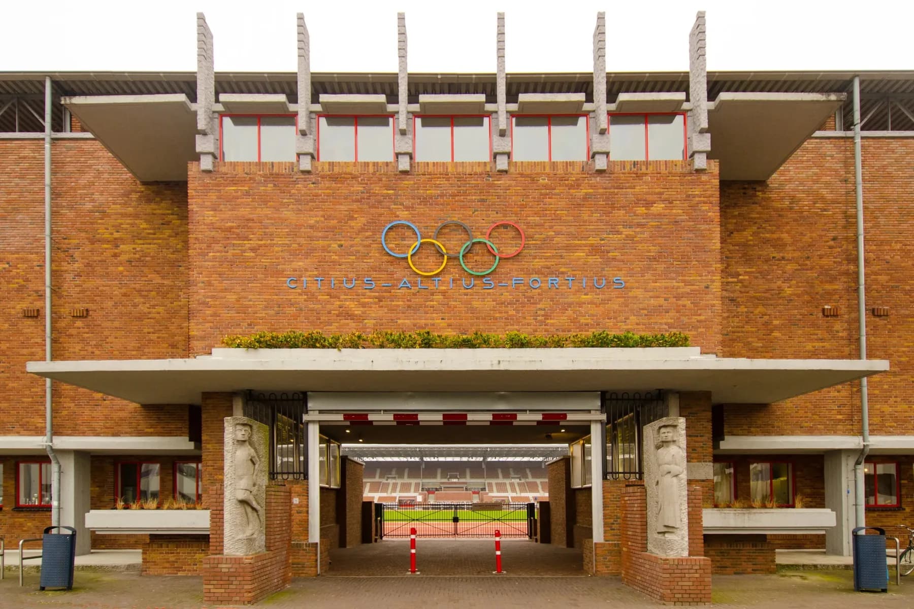The Olympic Stadium Amsterdam entrance, with the Olympic rings and Citius-Altius-Fortius inscription